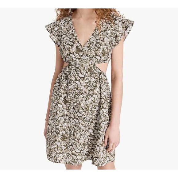 Rails Nyla Dress V-Neck Cut Out Waist Flutter Sleeve Floral Green/White Small - Picture 9 of 9